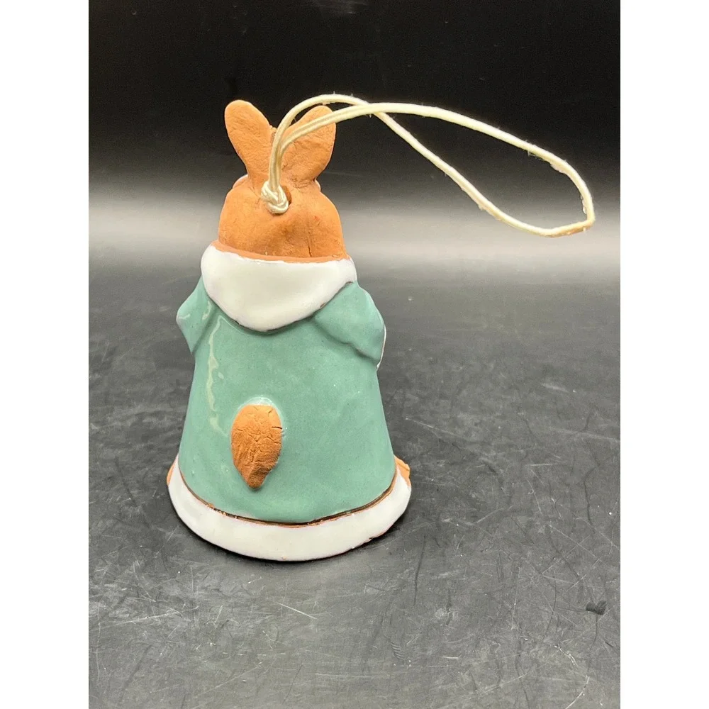Vtg. Clay Glazed Pottery Bunny Rabbit Figurine Bell Ornament Teal Fruit‎ 3.25